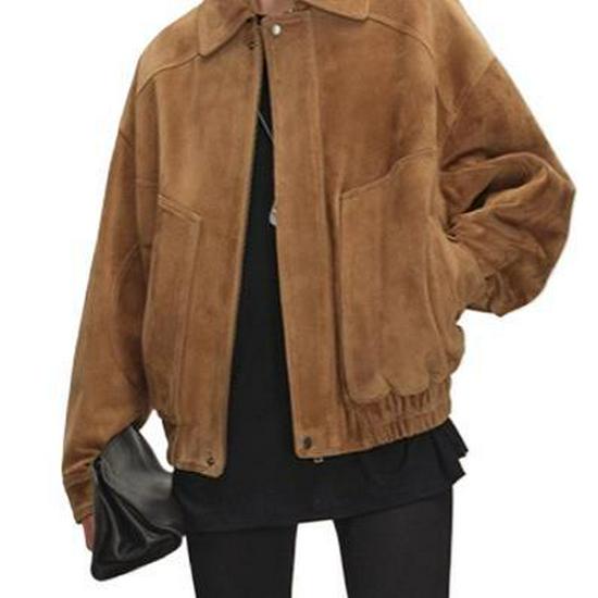 Женская куртка из натуральной кожи - Осенняя коллекция 2025 - Ретро-пальто из коричневой замши