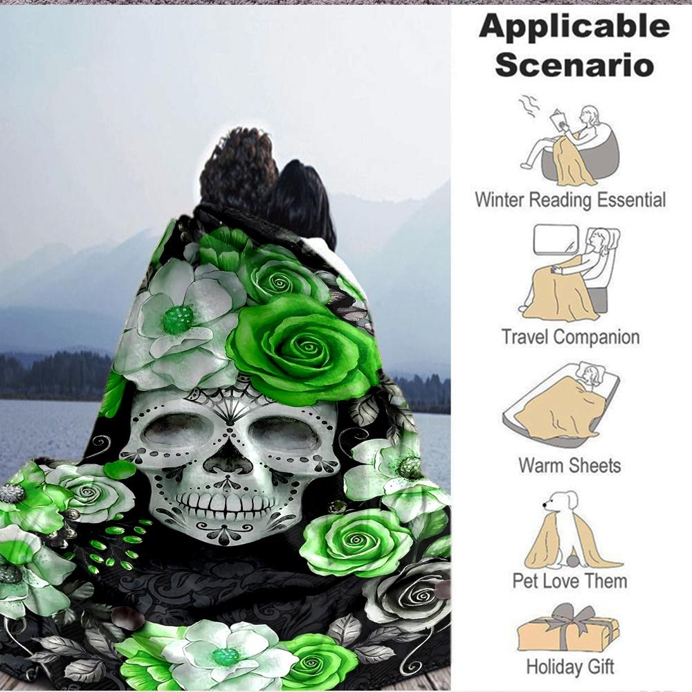 1Pc Green Floral Skull Artwork Flannel Blanket, Soft And Comfortable, Casual Warm, Camping Travel, Christmas, Halloween Xmas Gift. G1240