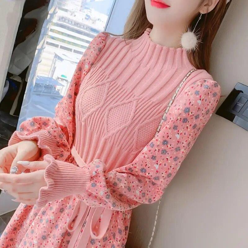 Women's Knitted Dress Autumn Winter Long Sleeve Corduroy Floral Dress Female Elegant Sweater A-line Long Veatidos Belt
