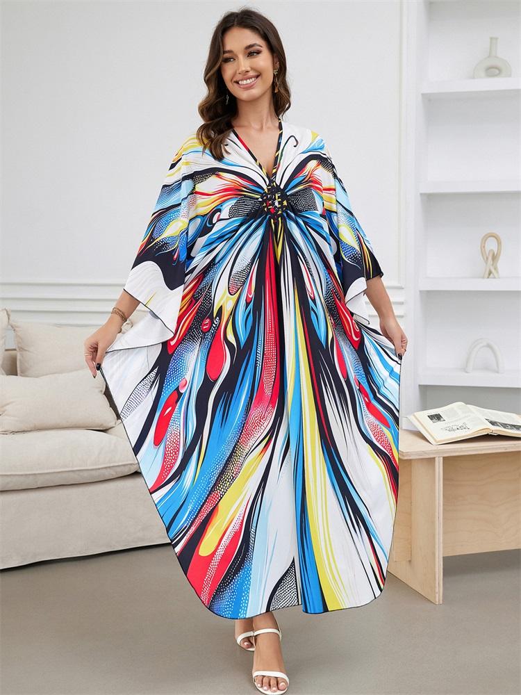 EDOLYNSA Boho красочный принт бабочки ручной вязки V-образным вырезом с рукавами «летучая мышь» плюс размер кафтан платье для женщин 2024 летняя пляжная одежда бикини накидки Q1588