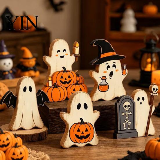 Charming Entrance Countertop Decor Halloween Cute Ghost Sign, Pumpkin Tombstone Wooden Plaque Rustic Spooky Party Centerpiece for Tiered Tray