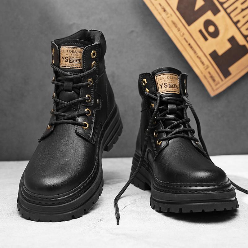 Fashion Genuine Leather Ankle Boots Man Round Toe Style Outdoor Motorcycle Boots Warm Plush Fur Winter Boots for Men Comfy Walking Shoes