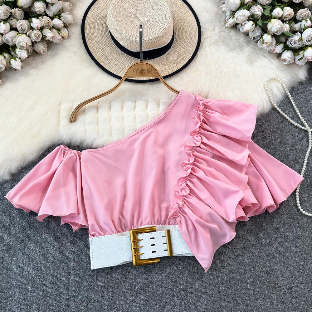 Шикарная блузка Blusas De Mujer с косым воротником и воланами, нерегулярная блузка Ins для женщин, однотонная, со складками на поясе, Camisas, летняя дропшиппинг