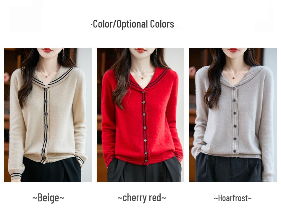 Women's Navy Color-Block Wool Cardigan - 100% Pure Wool, Loose Fit, Lapel Knit Design