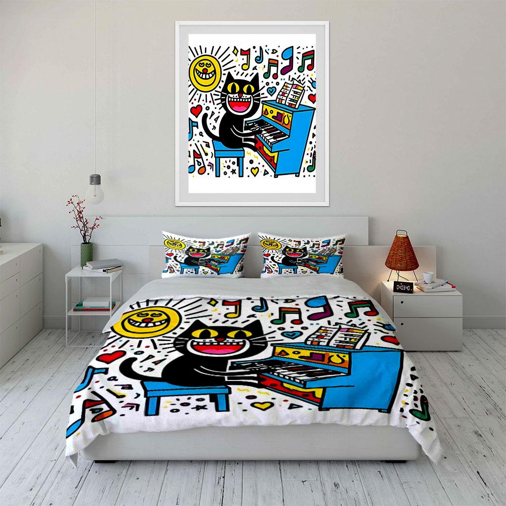 Cheerful cat playing colorful piano Print Bedding Set 1 Duvet Cover 2 Pillowcases for Adult and Children Luxury Gift Full Size
