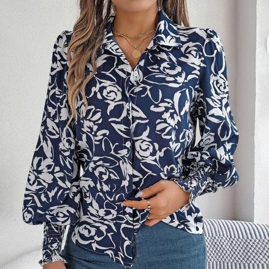 Women Shirt Lapel Lantern Long Sleeve Elastic Cuffs Casual Tops Single Breasted Flower
