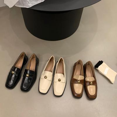 Плоские туфли с квадратным носком, женские туфли на пружинах, 2024, маленькие ароматные туфли во французском стиле в стиле ретро, кофейного цвета, кожаные туфли