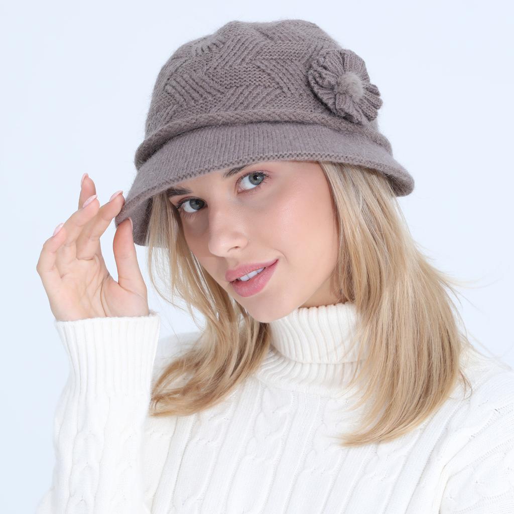 New Women's Knitted Bucket Hat Autumn and Winter Flowers Fashion Plus Velvet Thick Warm Hat