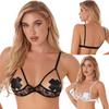 Women's Sheer Mesh Floral Lace Nipple Split Wire-Free Unlined Bikini Bra Triangle Bralette