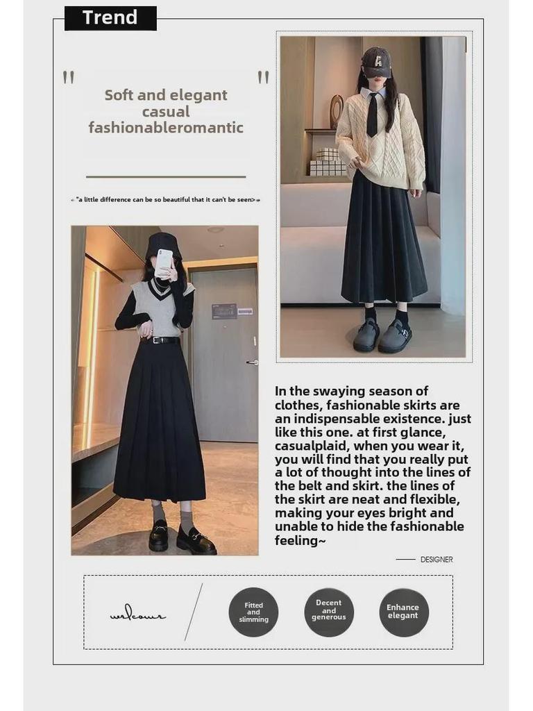 Women's High-Waist Gray Wool A-Line Skirt - Autumn/Winter Pleated, Elegant Slim-Fit.