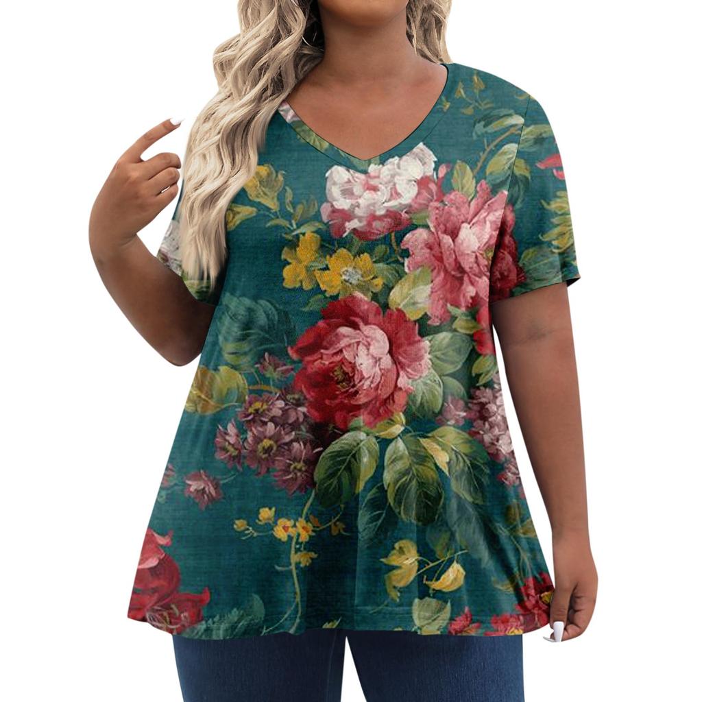 Женские топы больших размеров, шорты с рукавами, рубашки с V-образным вырезом, повседневная одежда, топы с принтом