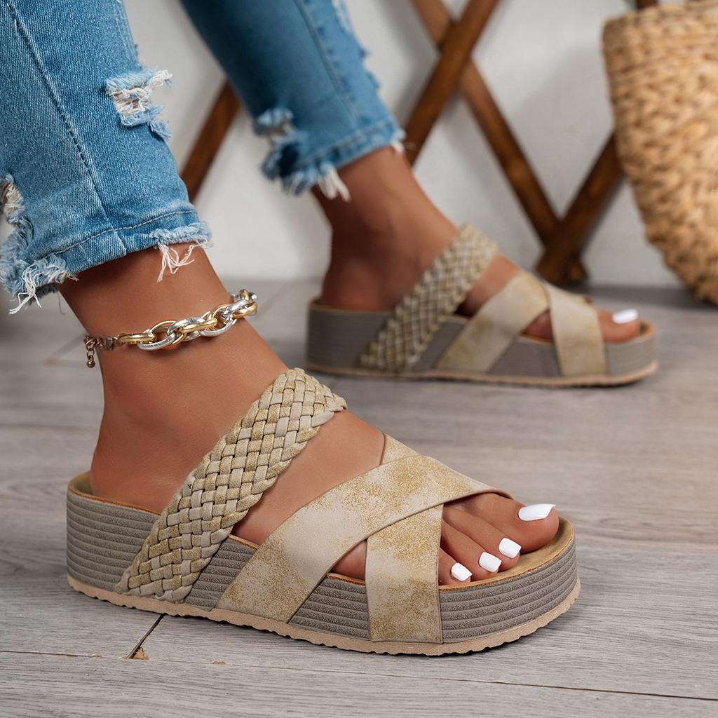 Fashion Summer Women Sandals Sexy Open Toe Broad Band Crossover Slip-On Thick Platform Shoes Casual Flat Slippers Big Size 43