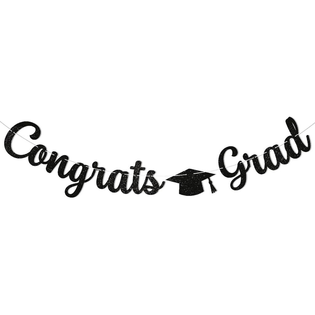 Pre-Strung Congrats Grad Banner - Black Glitter Graduation Party Banner with Cap, Congratulations Graduate Decor, High School College Graduation