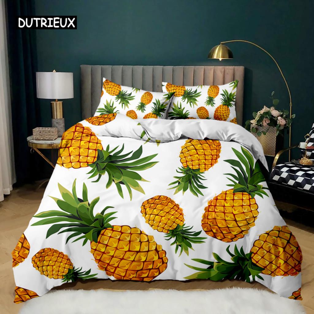 Pineapple Duvet Cover Set White Twin Bedding Set Teen Adults Yellow Abstract Tropical Fruits Pineapple Polyester Comforter Cover
