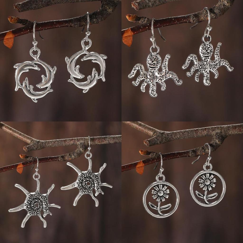 Ретро Этнический Стиль Океан Морская Черепаха Дельфин Осьминог Морская Звезда Цветок Серьги Для Женщин