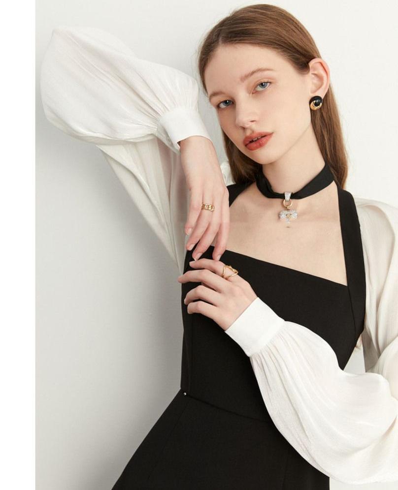 Женское белое платье с рукавами-фонариками, весеннее винтажное черное офисное длинное платье, корейская одежда