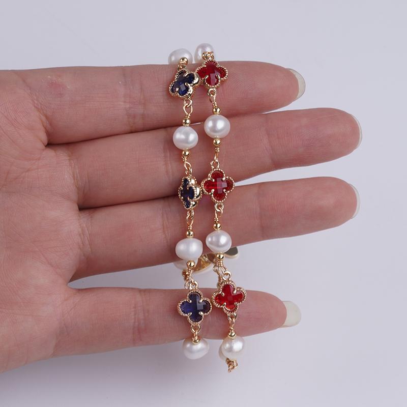 Fashion Design Four-leaf Clover 6-7mm Potato Shape Natural Real Freshwater Pearl Handmade Bracelet Jewelry