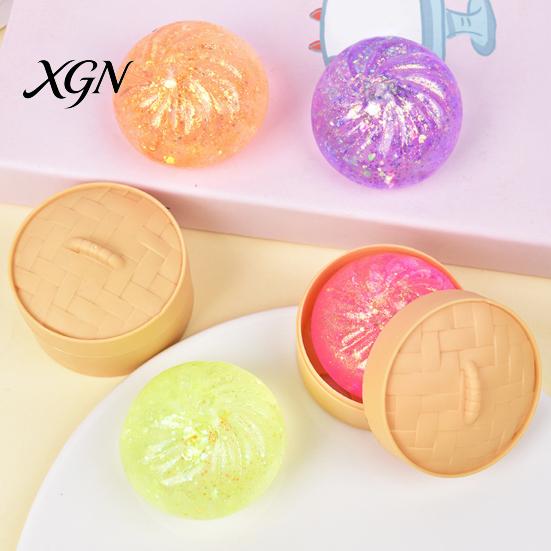 Dumpling Stress Ball 12Pcs Relief Squeeze Toy with Steamer Clear Glitter Steamed Bun Adult Reducer Sensory Soft Stretchy Fidget Party Favors Reliever