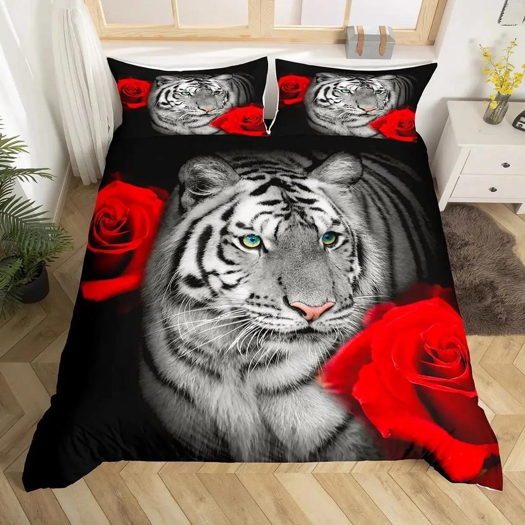 Tiger Duvet Cover Sets Full Size King Size,African Animals Bedding Set,Tropical Wild Animal Comforter Cover Quilt Cover