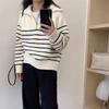 Half Zipper Striped Pullover Sweater Women's Loose Short Lazy Style Versatile Knitted Sweater Autumn and Winter New