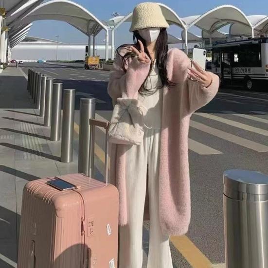 Женское зимнее пальто с длинными рукавами, утолщенное плюшевое, однотонное, длиной до середины икры, уютный кардиган с защитой от ветра и температурным фиксатором