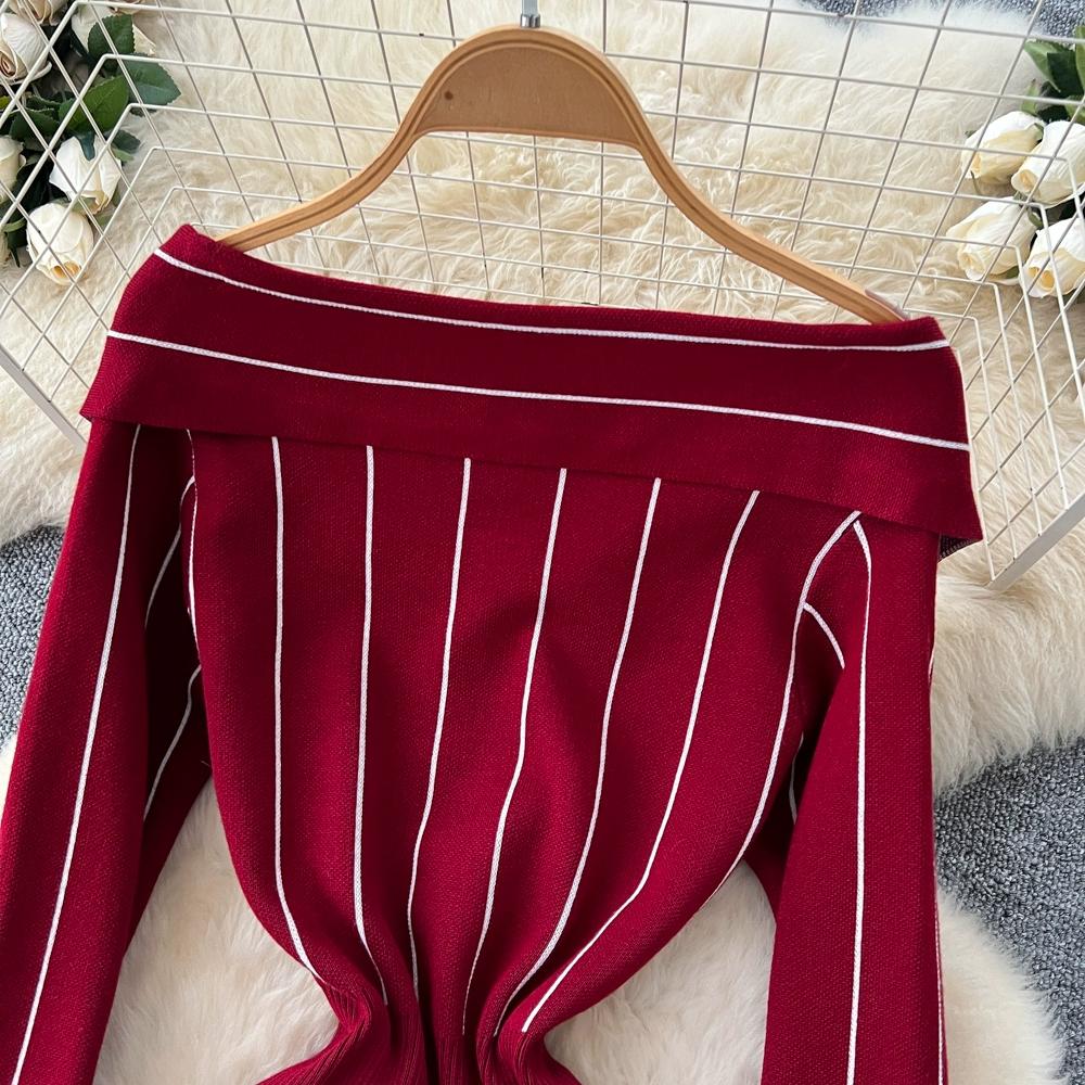 Осень Зима Женский Повседневный Вязаный Свитер с V-образным вырезом и длинным рукавом в полоску, Облегающее Платье-футляр