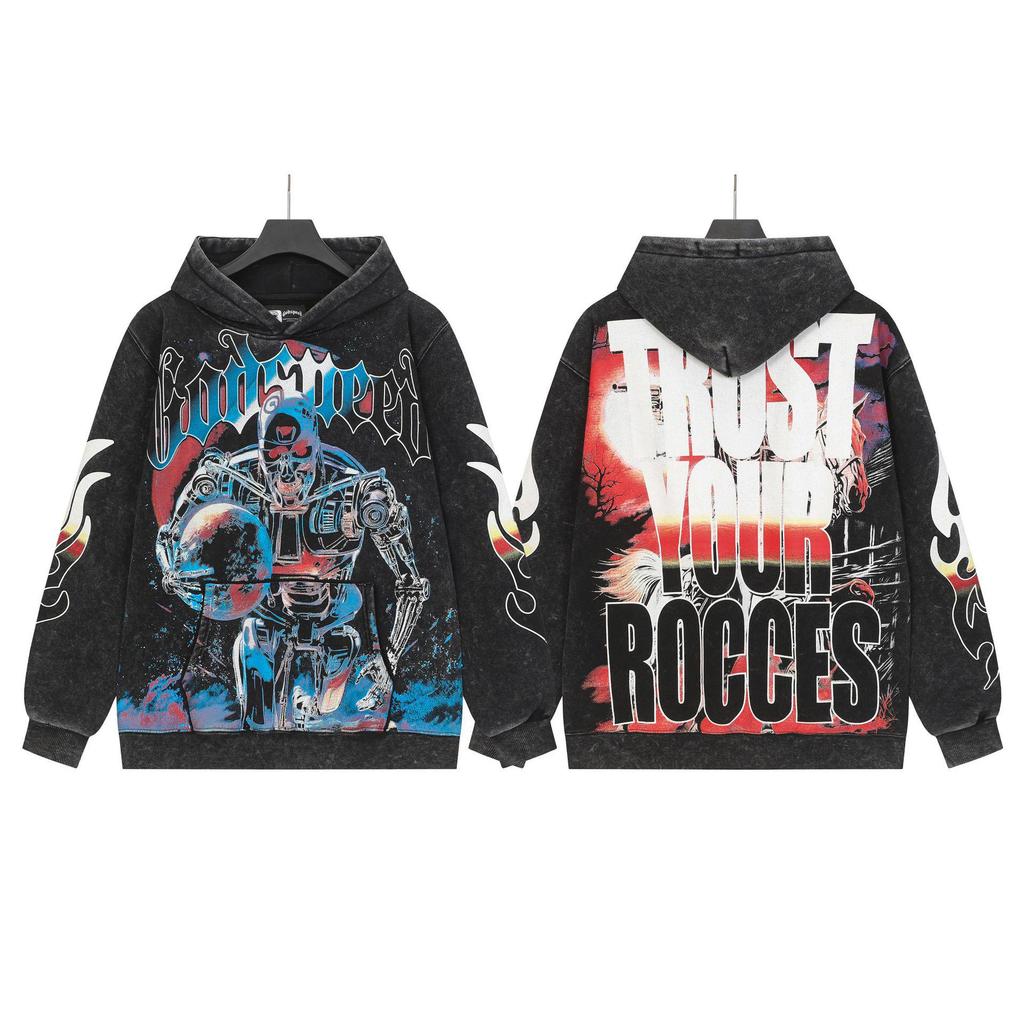 Худи с ретро-принтом 'God Bless America' в стиле рок-стрит, стиранное, повседневное, свободного кроя