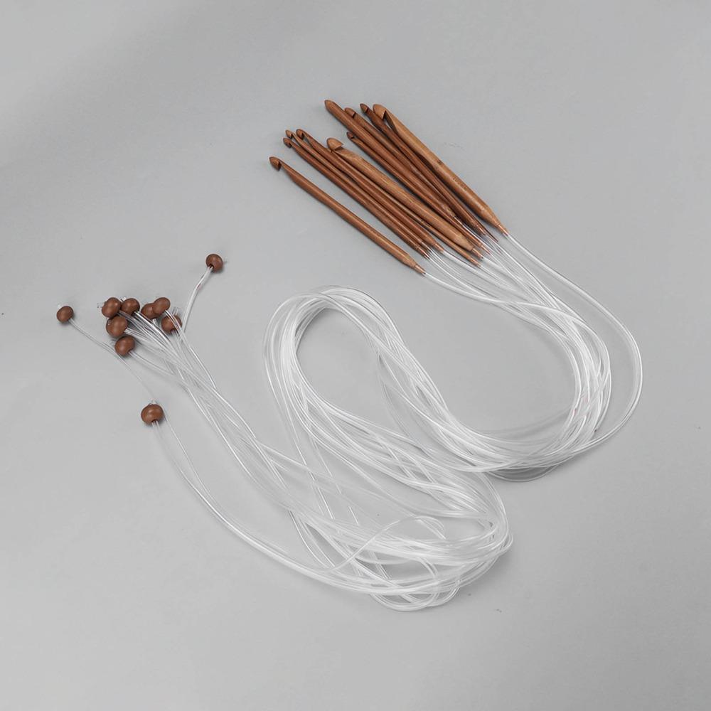 12Pcs Tube Cable Tunisian Knitting Needles Anti Slip Bead Timber Crochet Hooks For Rug Making