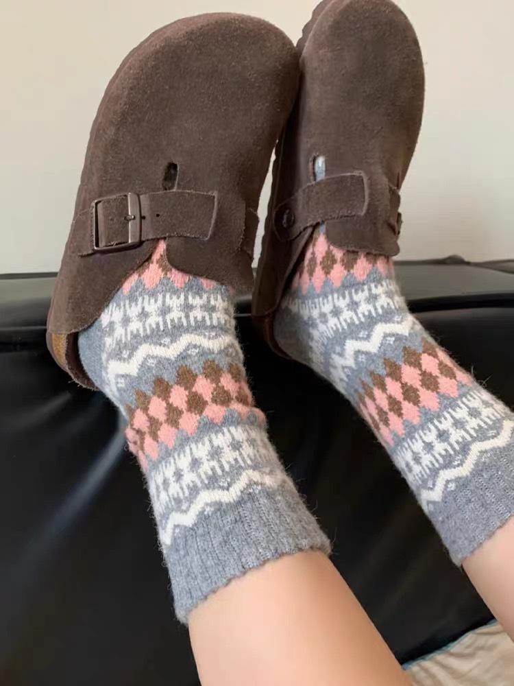 Норвежские шерстяные носки с узором Fair Isle и ромбами, с оборками - Теплые, Ретро, Этнический стиль, Зимняя одежда