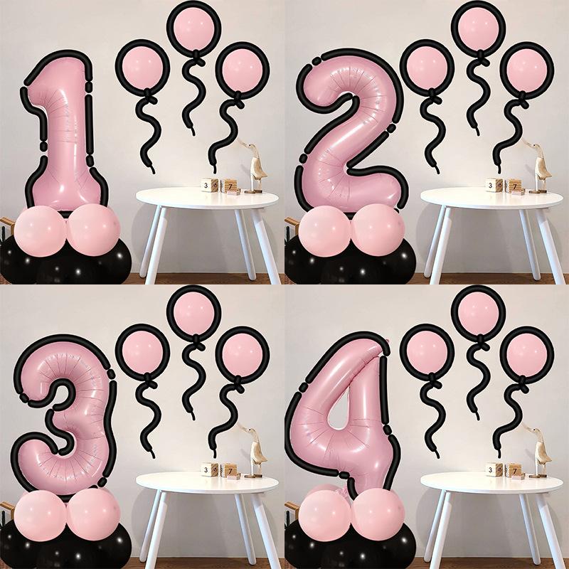 Comic Style Black Powder Digital Balloon Column Children'S First Birthday Party Decoration Scene Arrangement Photo Props