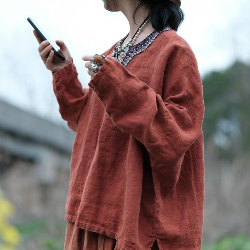 Johnature Spring Summer Women Stitching Linen V-Neck Vintage Loose T-Shirt Sleeves Solid Color Distress T-Shirt