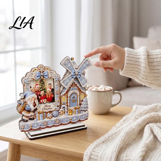 Holiday Party Ornament 2D Gingerbread House Wooden Photo Frame, Spinning Windmill Christmas Picture Decorative Frame Desktop Holder for Home Fireplace