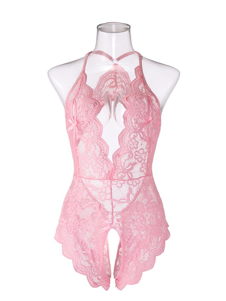 Sexy Crotchless Blue Lingerie Women Lace Hollow Bodysuit Erotic Pajamas Teddy Babydoll Dress Deep V Open Bra Porn Underwear Set