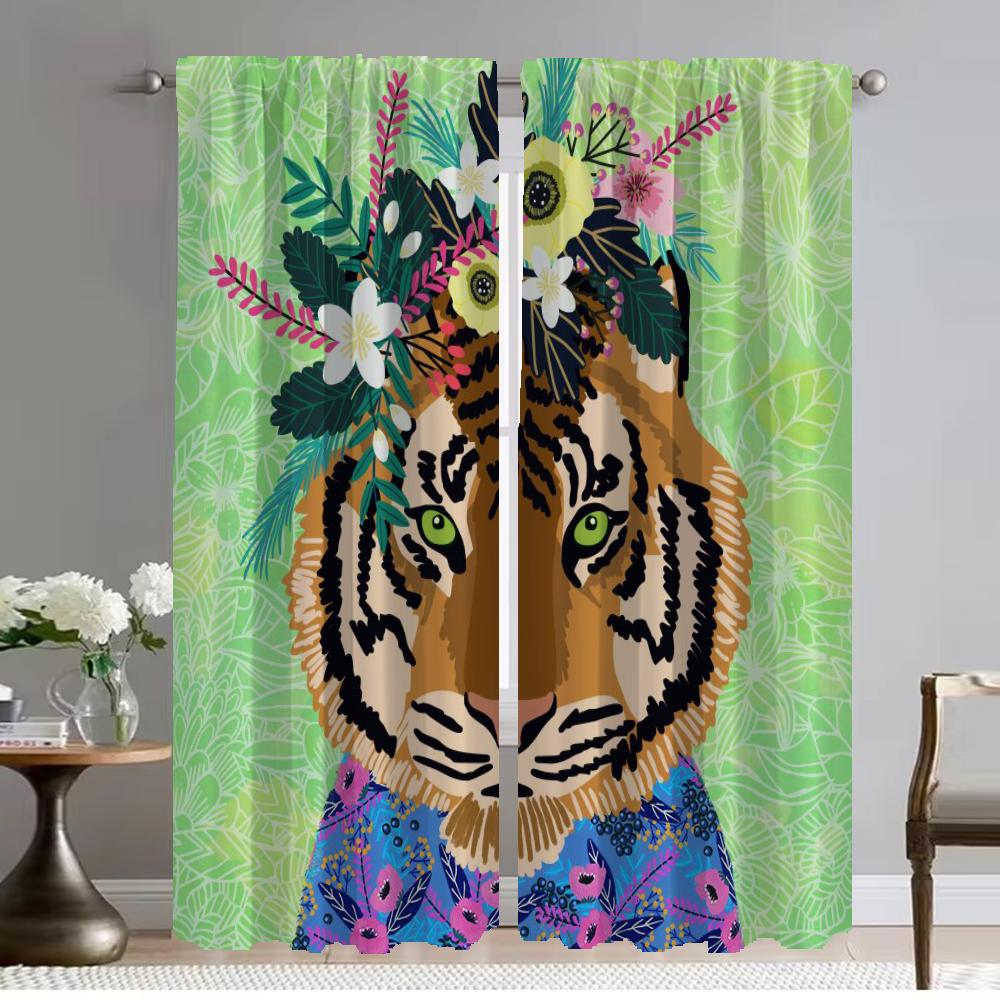 Домашние шторы для гостиной с цветочным рисунком, друзья-животные, украшение на Хэллоуин, шторы для окон, кухонные шторы, 2 штуки, детские