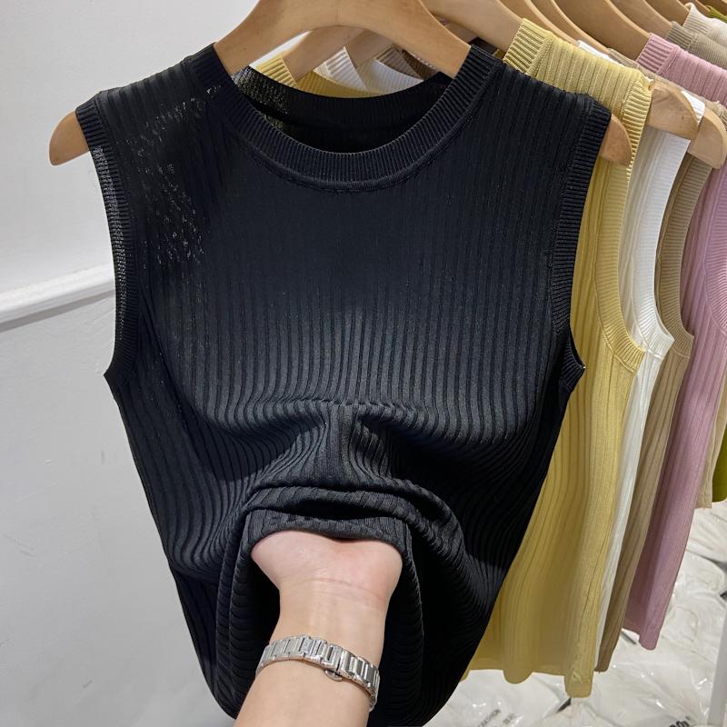 2024 Fashion New Summer Sleeveless Knitted Tank Tops Women O-Neck Slim White Black Knitted Camis Tanks Women Tops JJ44