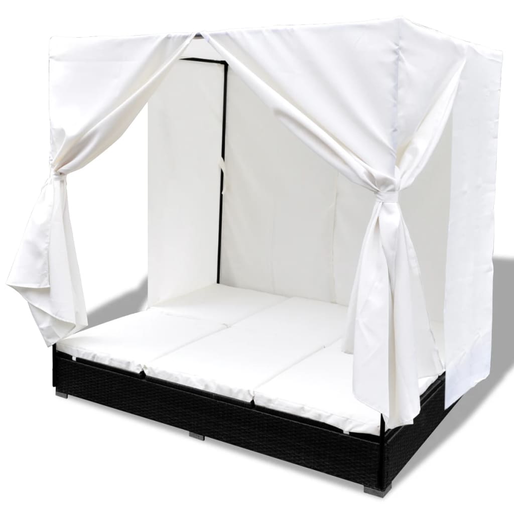 Outdoor Double Sun Lounger with Canopy and Curtains Poly Rattan Black