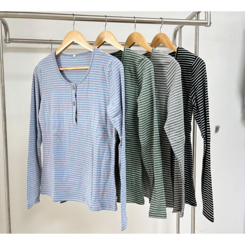 Spring and Autumn Women's Blouse Round Neck Button Loose Long Sleeve Striped Top