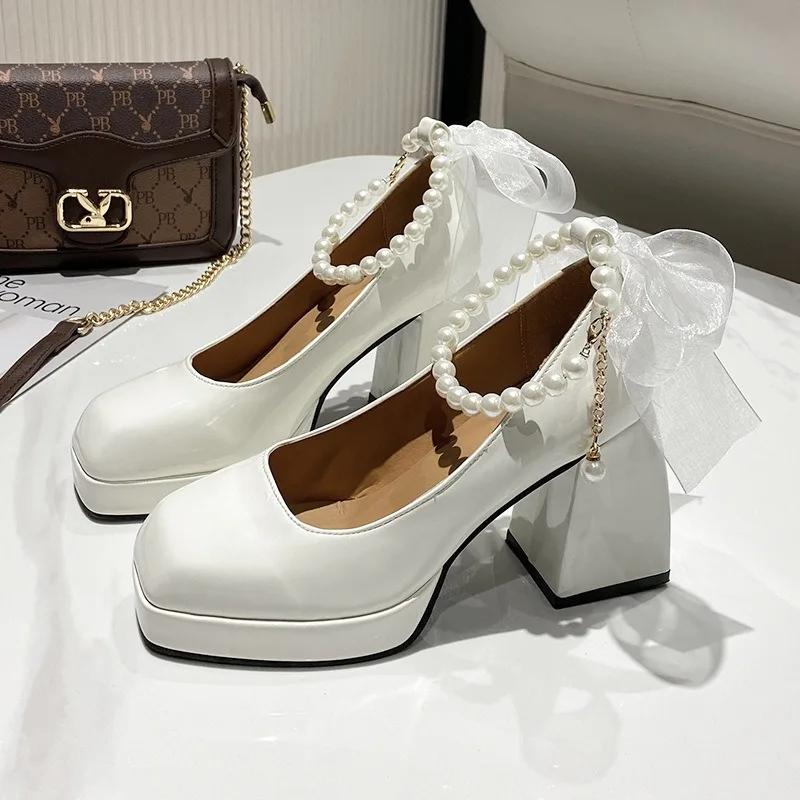 Модные туфли на высоком каблуке для женщин 2024 года, новые элегантные дизайнерские туфли Мэри Джейн, женская обувь с кружевным бантом и жемчугом для свадебной вечеринки, туфли для платья с квадратным корнем