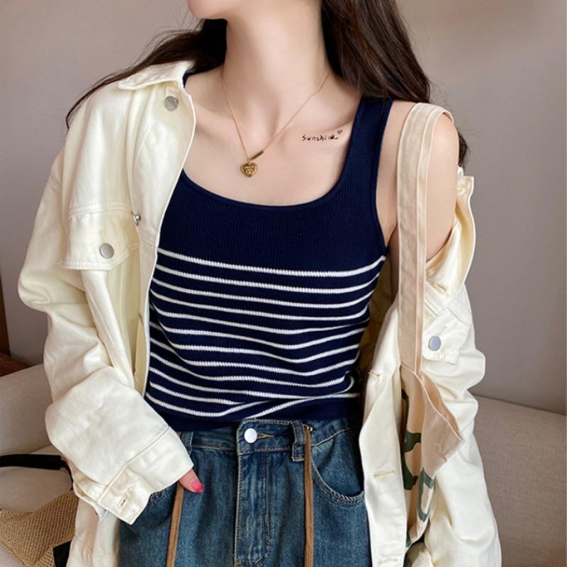Трикотажный женский жакет с бретелькой через шею, французский полосатый топ, маленький костюм с безрукавкой и квадратным воротником