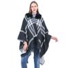 Fur Collar Plaid Shawl Women'S Cape Shawl Double-Sided Knitted Shawl Poncho