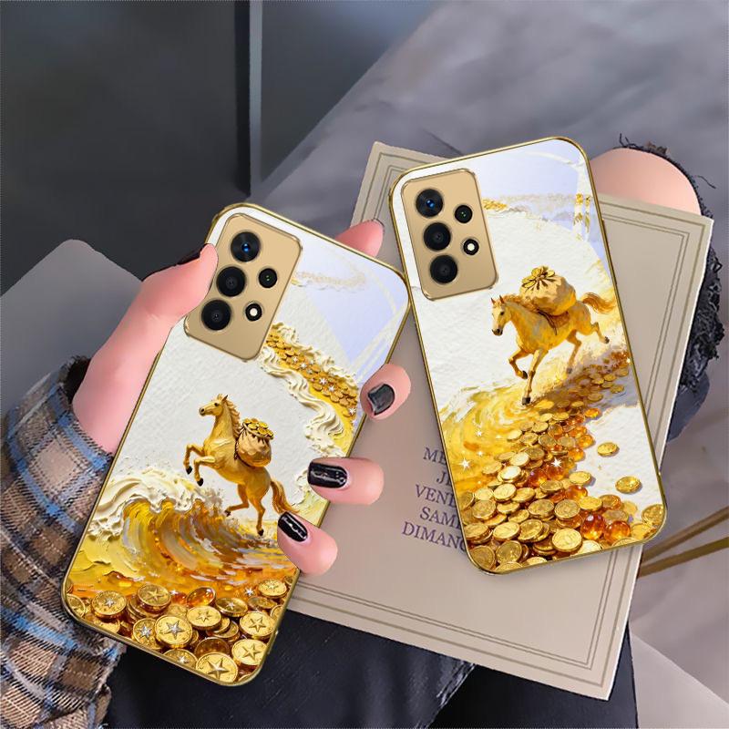 Золотая скачущая лошадь Для Samsung A 01 52S A04 A05S A10 A12 A13 22 23 24 36 42 M02 Note 10 20Ultra 8 9 Золотой стеклянный чехол для телефона