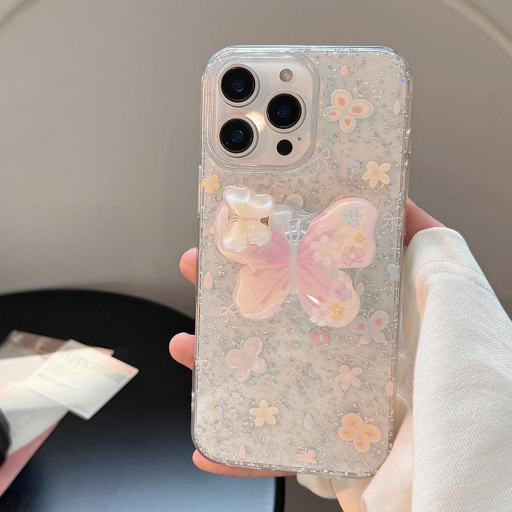 Ins spring and summer suitable Apple 17 Pro Max phone case 16 glitter iPhone 14 butterfly rotating stand 13 hard case