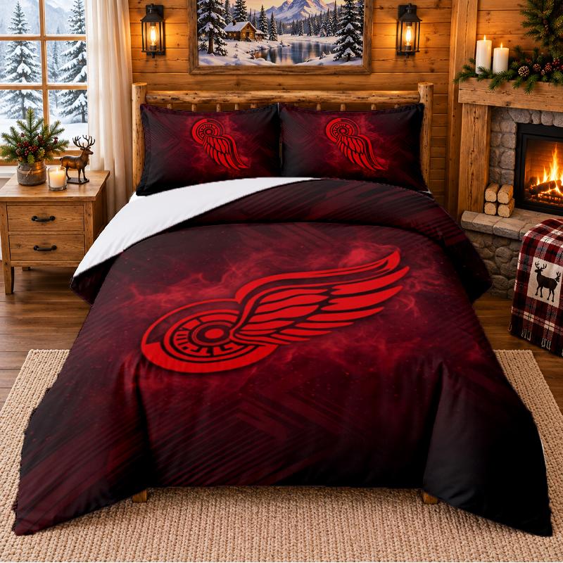 Printed 3Pcs Bedding Set Detroit Red Wings Pattern Bed Sheet Pillowcase For Bedroom Decor