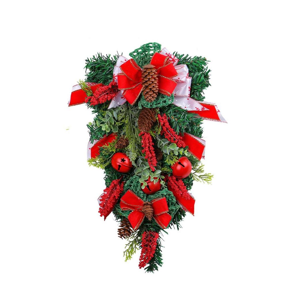 Christmas Ribbon Bell Upside Down Tree Wreath Door Hanging Christmas Bow Cane Decoration