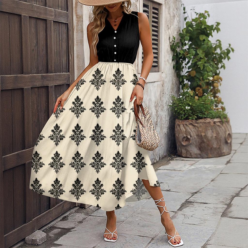 Women's Casual And Fashionable V-neck Sleeveless Printing Mid Length Dress