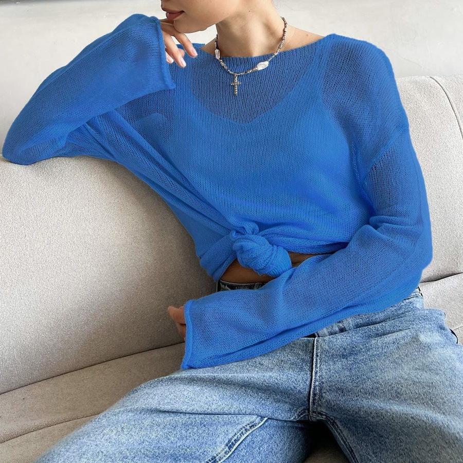 Летние женские вязаные свитера, женский сетчатый тонкий пуловер, прозрачные свободные топы с длинными рукавами, рубашка с солнцезащитным кремом