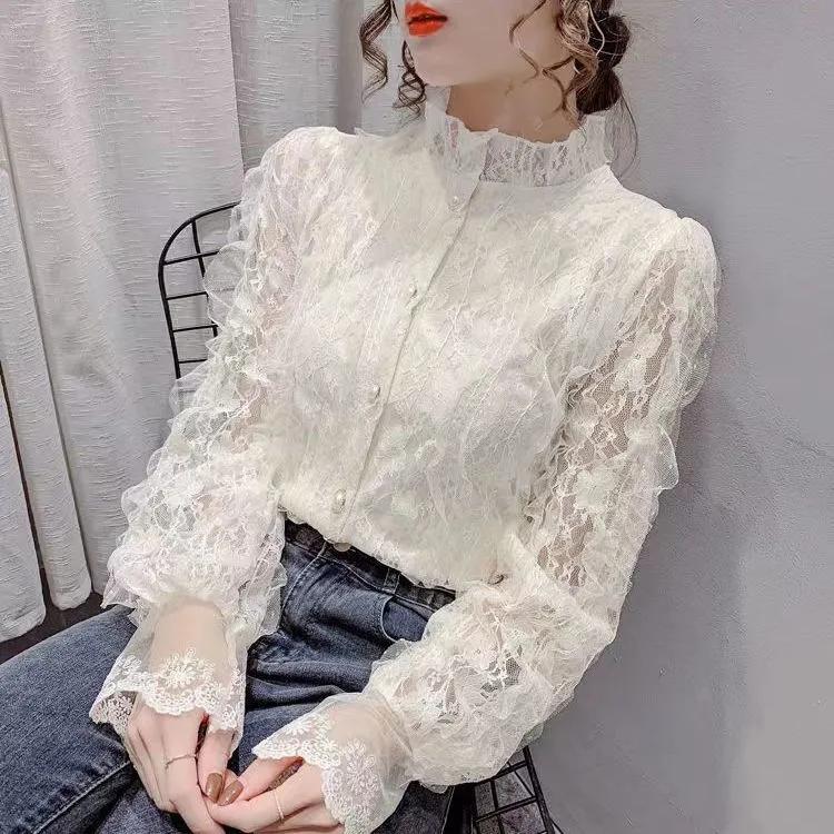 Модная винтажная блузка с рюшами, женская элегантная кружевная рубашка с длинным рукавом, свободные шифоновые рубашки с воротником-стойкой, плиссированные топы Blusas