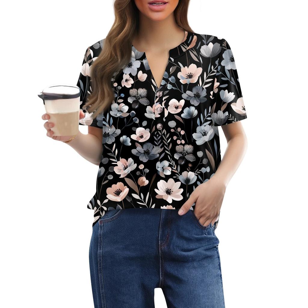 Женский модный повседневный свитер с коротким рукавом и принтом на пуговицах и V-образным вырезом