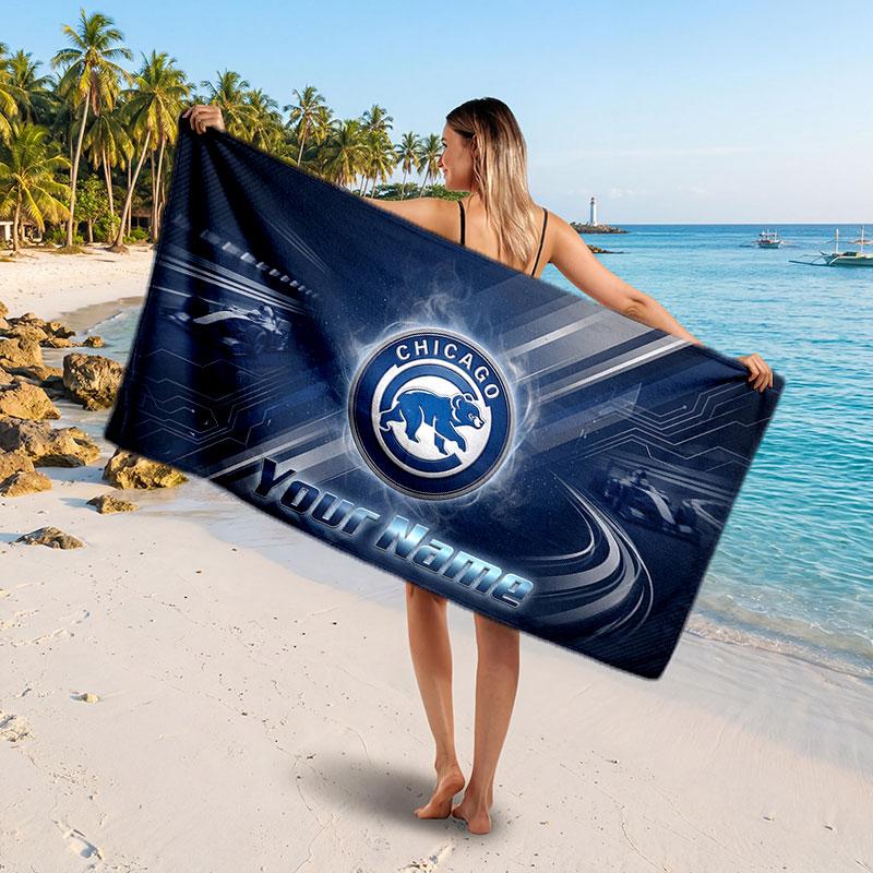 Chicago Cubs Customized Name Text Beach Towel, Soft Absorbent Towel Beach Pool Travel Personal Gift