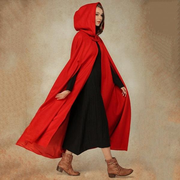 Autumn Winter Gothic Trendy Maxi Hooded Wool Cloak Cardigan Coat Maxi Cashmere Hoodie Long Cape Costume Cosplay Outerwear